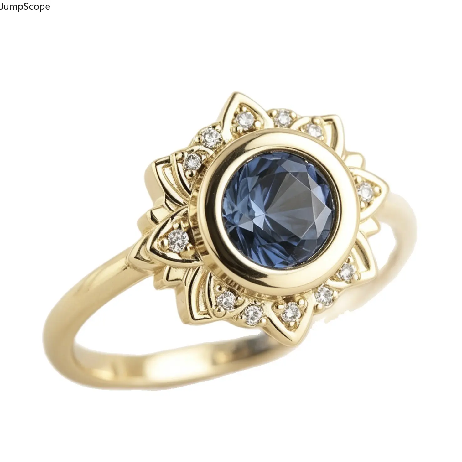 Women's Minimalist Delicate Sunflower Floral Halo Blue Gem Ring - Floral Accents Rings for Female Evening Occasions, Elopement Wedding Gift Ideas, Flower Detail Rings