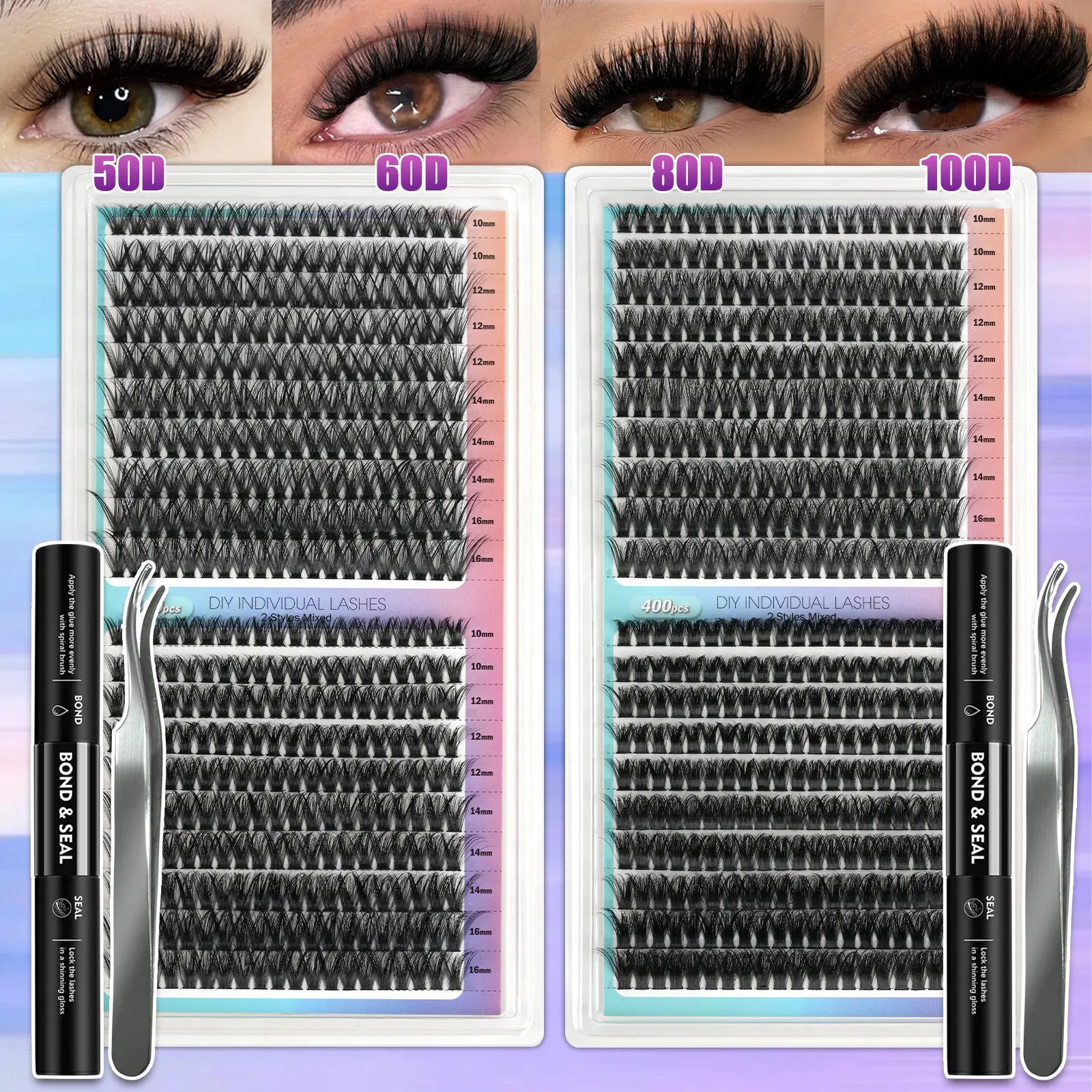 400 Pairs Large Capacity False Eyelashes, 50D+60D/80D+100D Styles, Includes Glue and Tweezers, Goddess Style, Beginner Friendly