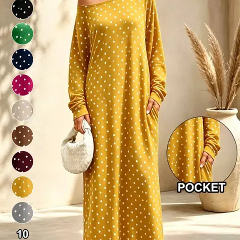 Women's Casual Polka Dot Pattern Long Dress with Pockets, Loose-Fit Long Sleeve Asymmetrical Neckline Dress, Comfortable Vacation Wear, 10 Color Options