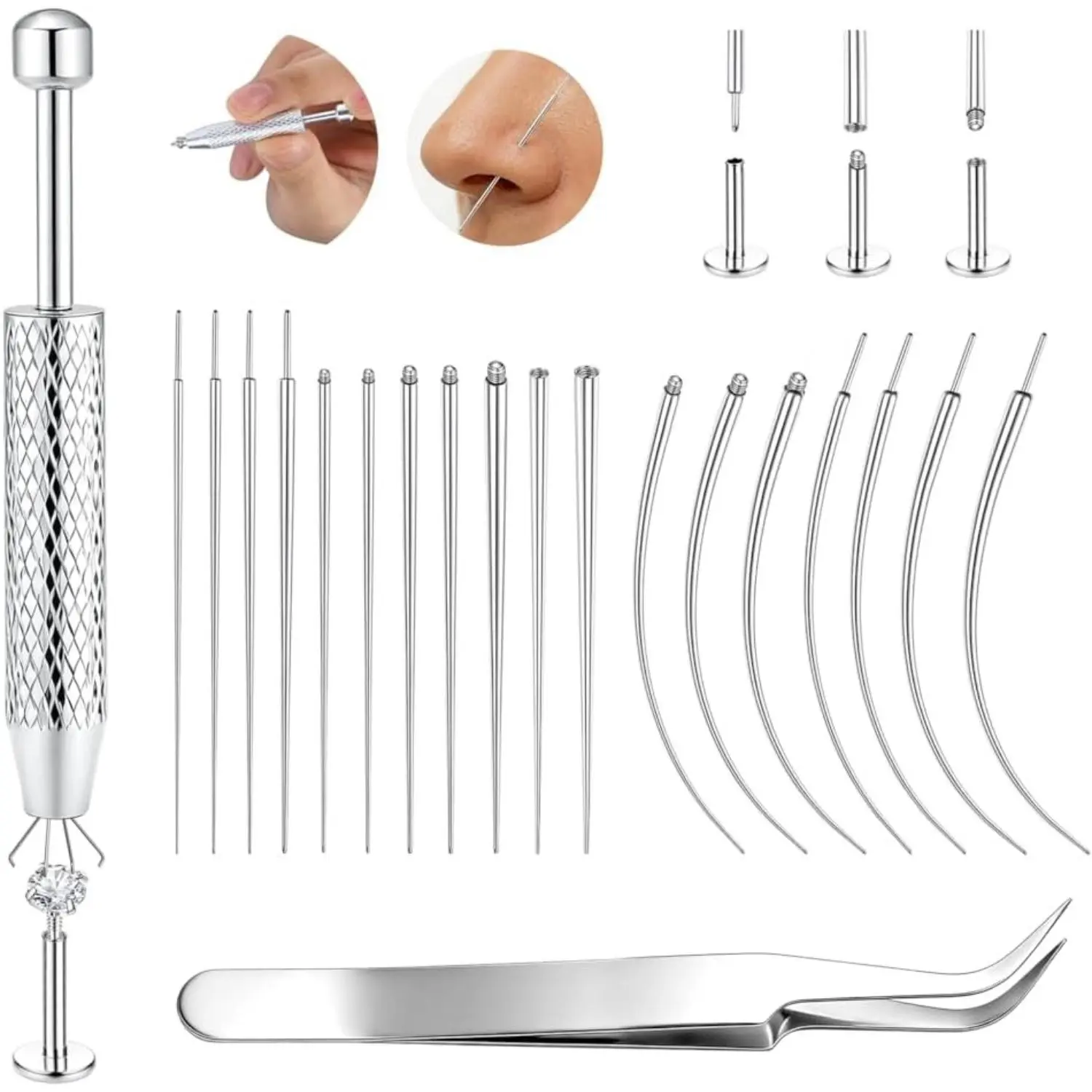 FIASASO 20Pcs Stainless Steel Jewelry Assembly Helper Set, Threadless Pin & Ball Holding Tweezers for Flat Back Earring Replacement, Fits 14G 16G 18G 20G Fashion Stud Accessories
