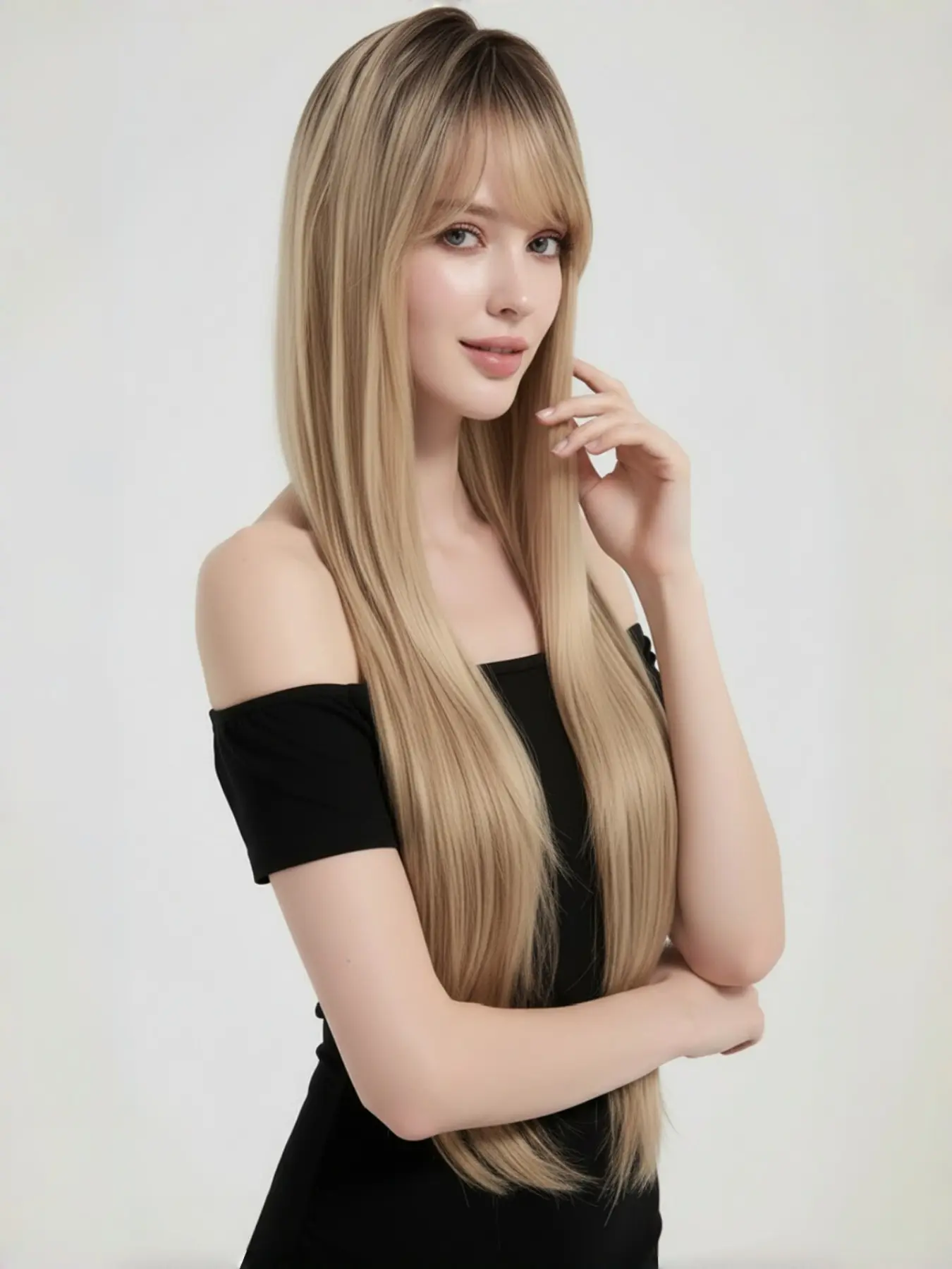 30 Inch Blonde Wig With Dark Root, Synthetic Wig with Roots, Straight Synthetic Wigs, Lolita Straight Korean Style Long Natural Bangs, Women's Daily Wear and Cosplay