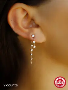 1 Pair Waterproof S925 Sterling Silver Gold Plated Dangle Drop Earrings, High Quality Earrings, Non-Tarnish Hypoallergenic Y2K Bling Rhinestone Accessories, Sparkly CZ Long Chain Tassel Ins Style Statement Ear Studs Jewelry Trendy Gift for Her Women