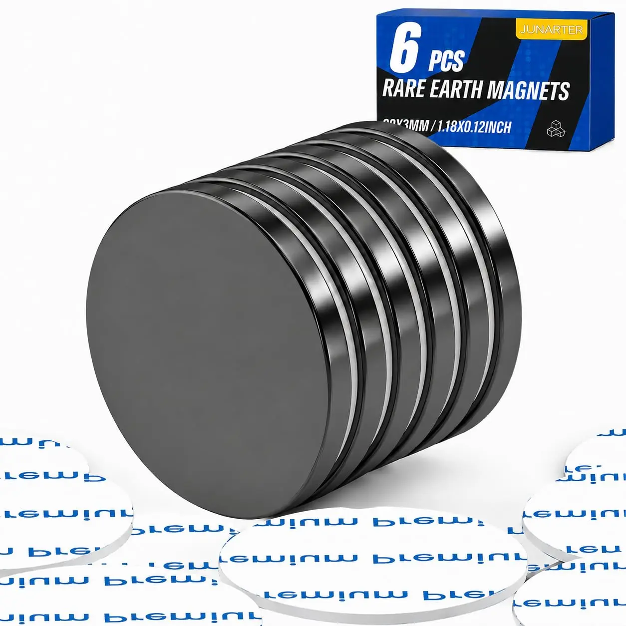 6 Pack Neodymium Disc Magnets, with Backing for Fridge, Round for Craft, Cabinet, Office,, 1.26 inch D x 1/8 inch H (Black)