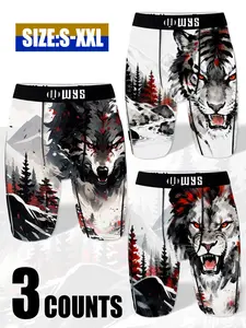 3pcs Men's Long Sport Underwear, Animal Print, Fitted, Breathable, Quick-Dry, Comfortable, Casual, All Seasons, China Style