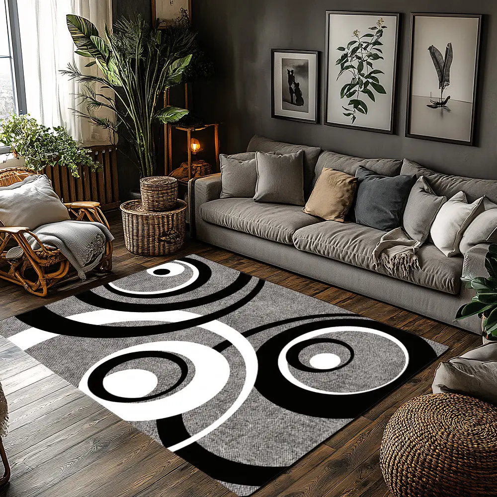 Grey Black White Abstract Circle Crystal Velvet Modern Area Rug Grey Rugs For Living Room #AbstractCircleModernRug #BlackWhiteFloorMat #ContemporarySwirlCarpet #CrystalVelvetHomeDecor