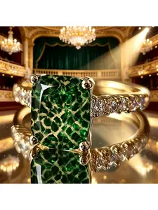 American Retro Gilded Green Leopard Print Square Ring, Baroque Court Luxury Light Style Evening Jewelry, European and American Ladies' Party Stackable Gift Ring