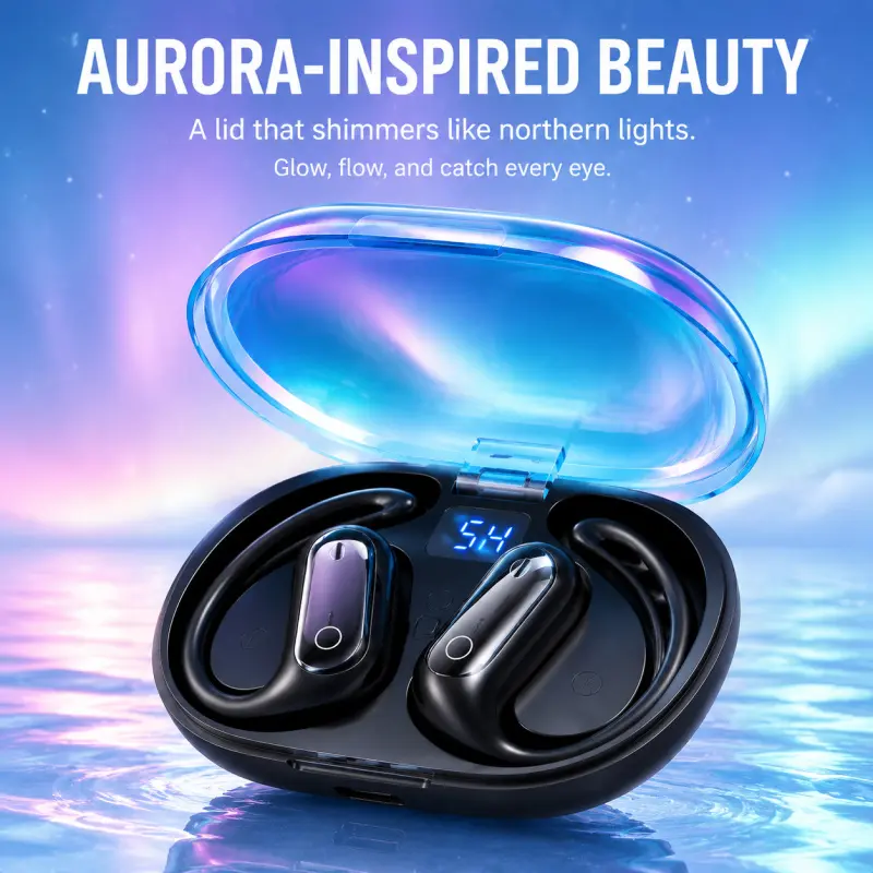 Open Ear Bluetooth Earphones Lightweight Wireless Earbuds Ergonomic Ear Hook Headphones Luminous Glow In Dark Case Bluetooth 5.4 Clear Call Low Sound Leak Sweatproof Headset for Running Gym Commute