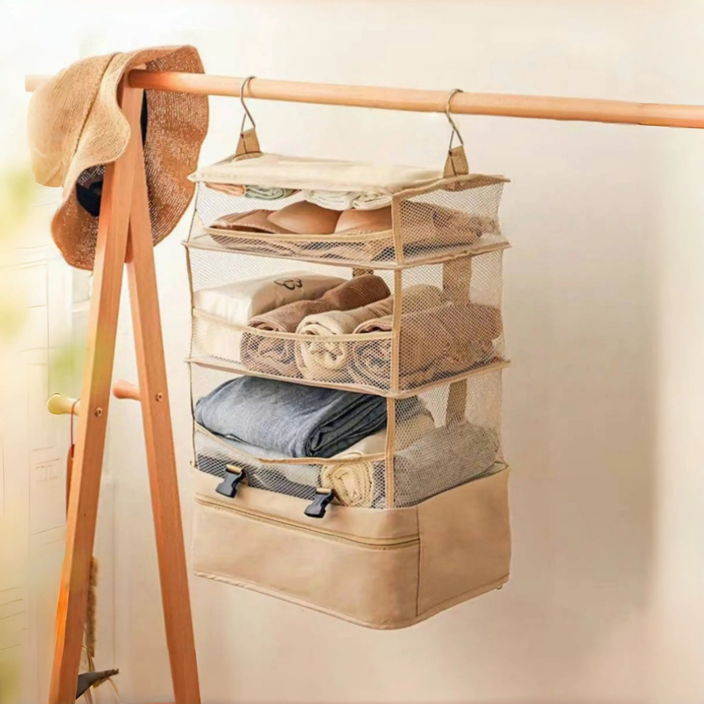 1pc Foldable Hanging Luggage Organizer, Travel Essentials, Clothes Packing Cubes With Hanging Shelves And Laundry Storage Compartment Travel Organizer Travel Luggage Bag Hanging Packing Cubes With Hanging Shelves And Laundry Storage Compartment