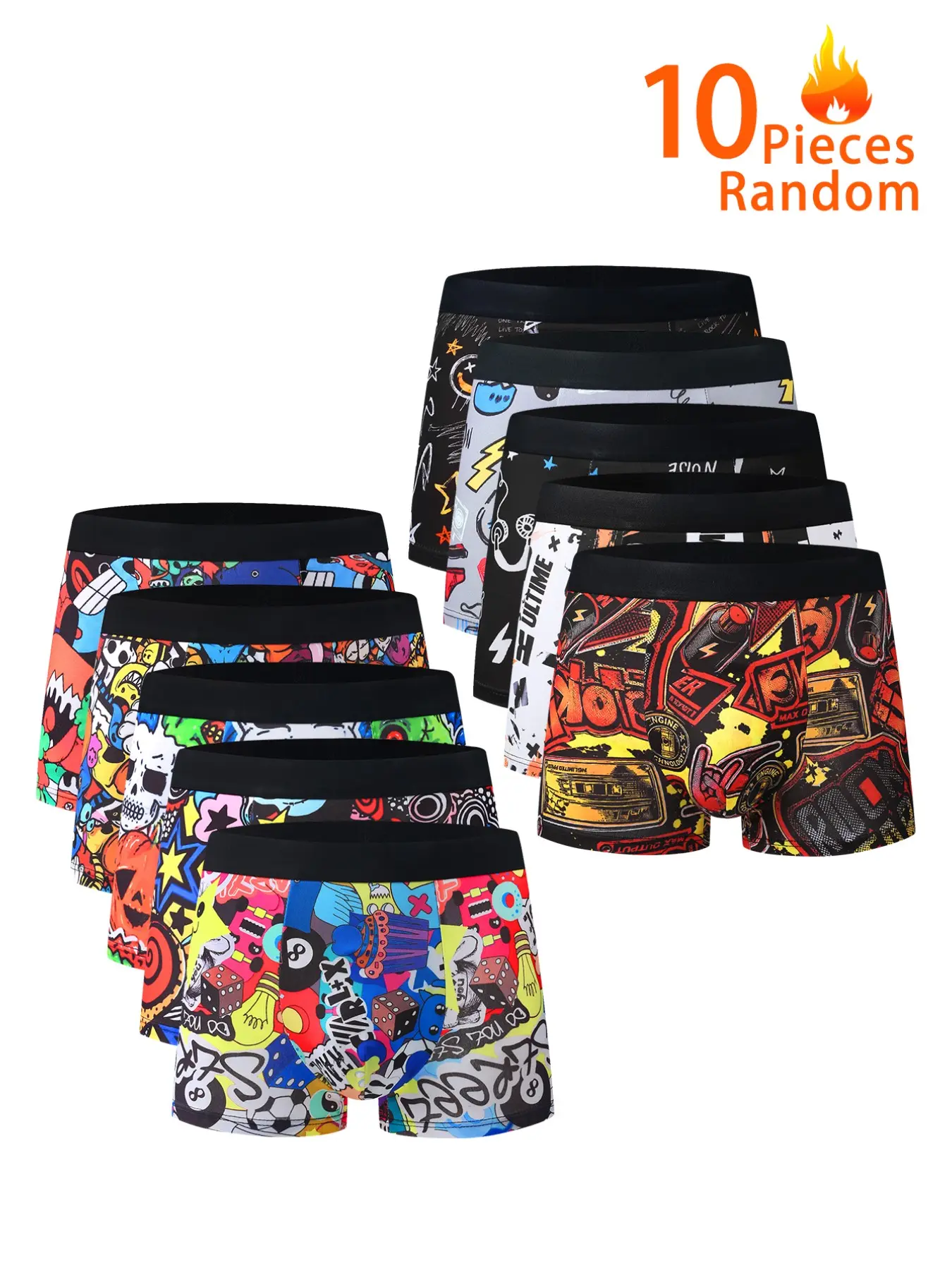 10-Pack Trendy Graffiti Men's Boxer Briefs, Random Print, High Elastic Wide Waist, Comfortable Mid-Waist Trunk Set, Streetwear Youth Bottoms, Elastic Waist Underwear, Elasticity Design Underwear