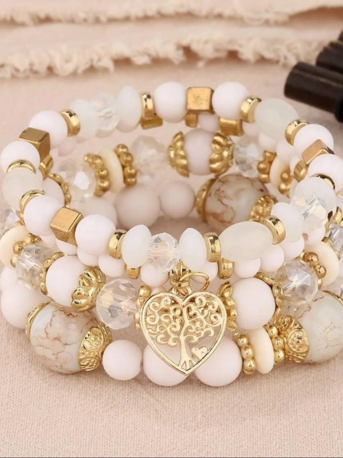 Women's Multilayered Beaded Heart Pendant Bracelet, Perfect Gift for Valentine's, Mom, Mother, Mother's Day, 4pcs Elegant Design