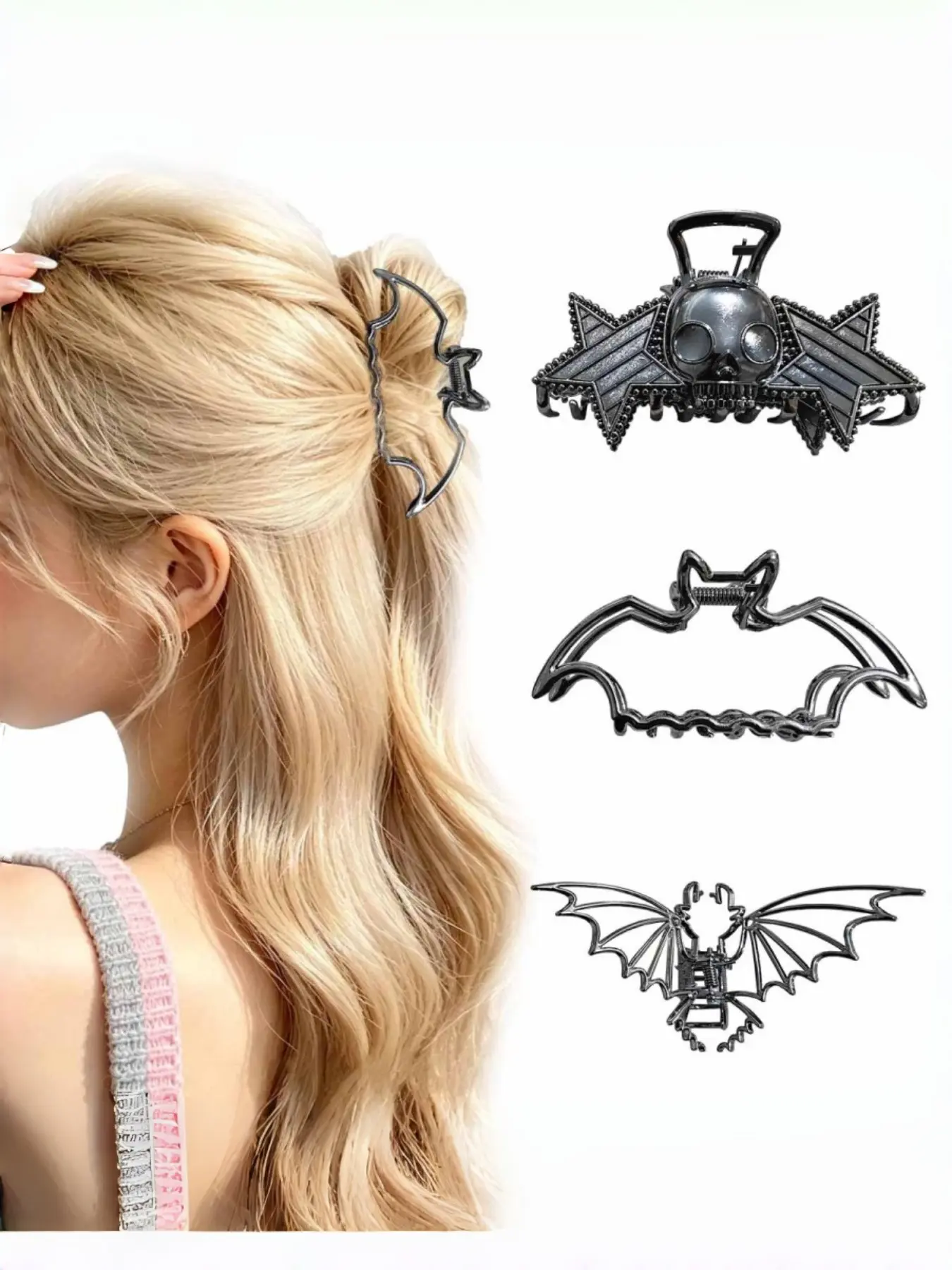 3-Piece Gothic Alloy Hair Claw Set, Large Shark Clip Back Hairpin, Halloween Hair Accessory, Casual Style, All Seasons