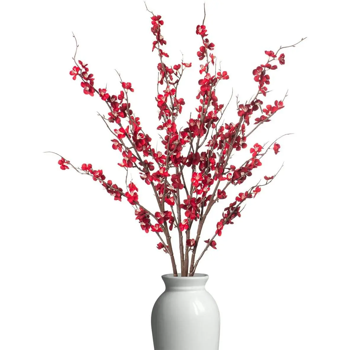 4Pcs Red Artificial Cherry Blossom Branches - Faux Decorative Flowers for Indoor Deco, Spring Home Decor, Wedding Table Centerpieces (Long-Stem Display), Four Pieces