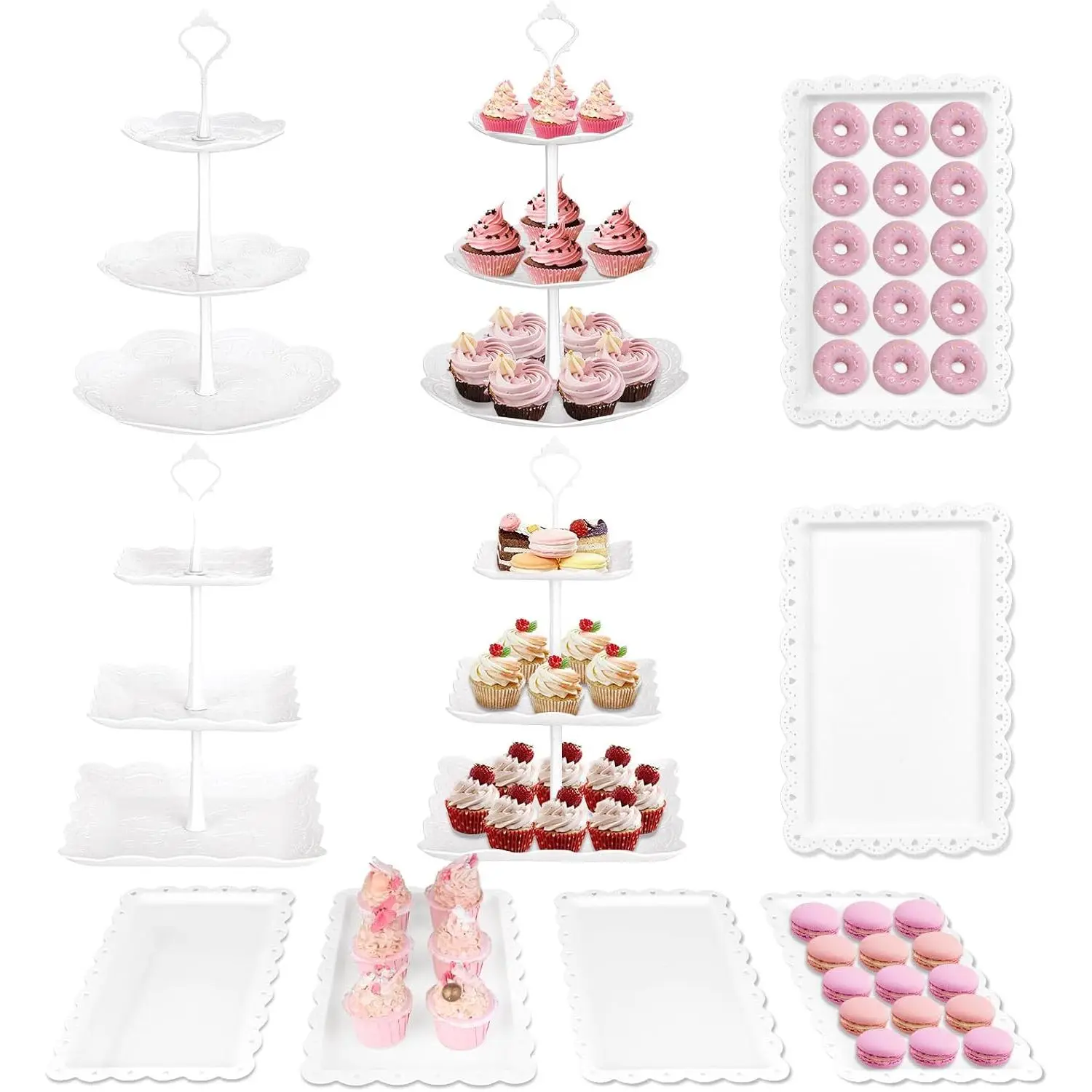 Thick Plastic 10-Count Cupcake Stand Set - 4 White 3-Tier Cake Stands, 6 Serving Trays, Modern Fruit & Dessert Display Rack for Wedding, Shower Party Decor (Home & Festive Supplies)