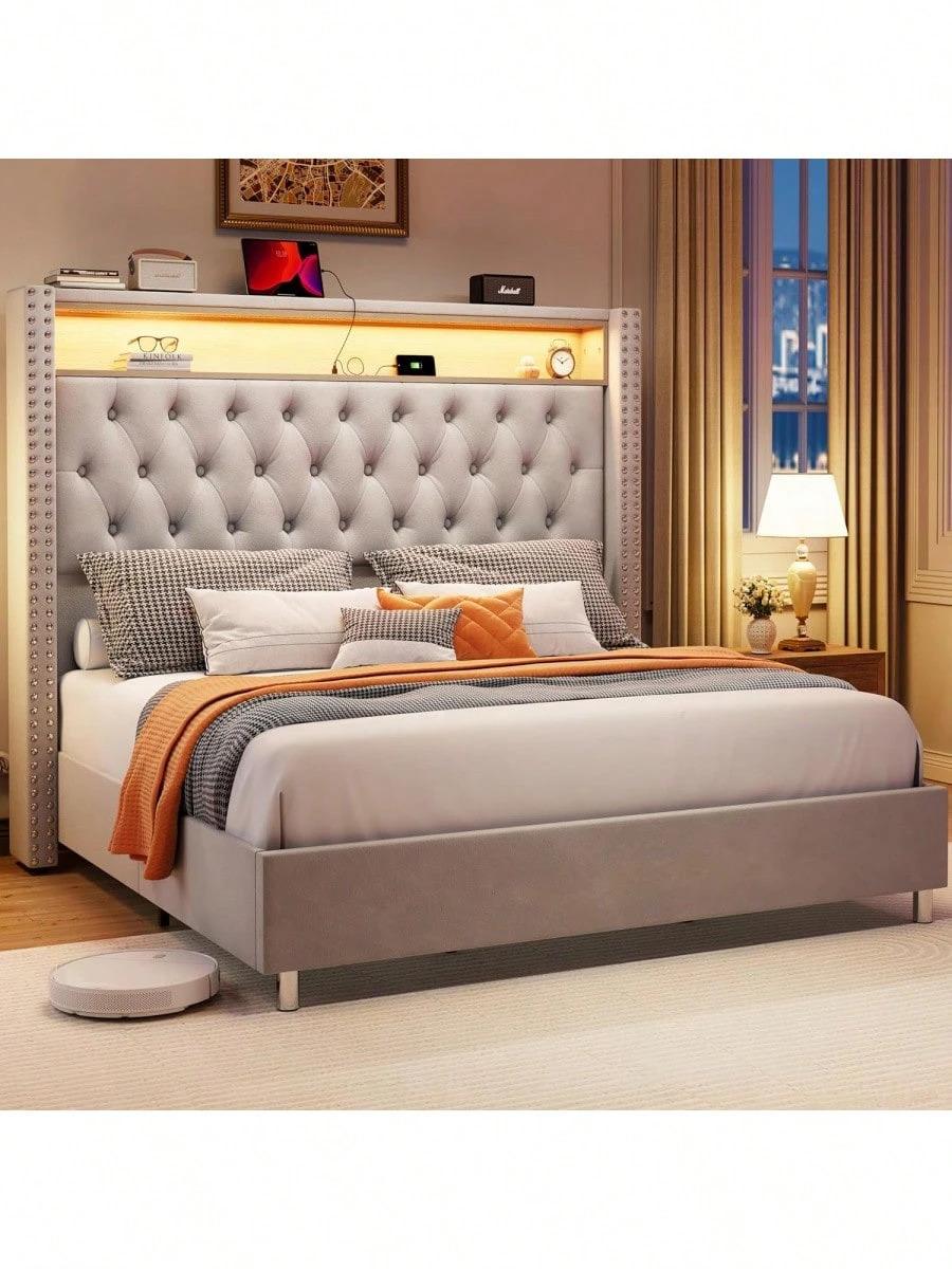 Queen/King Size Velvet Upholstered Platform Bed With Wingback Design, Integrated LED Lights, Charging Station, And Under-Bed Motion Sensor Lighting – No Box Spring Required, Built-In Storage, Black