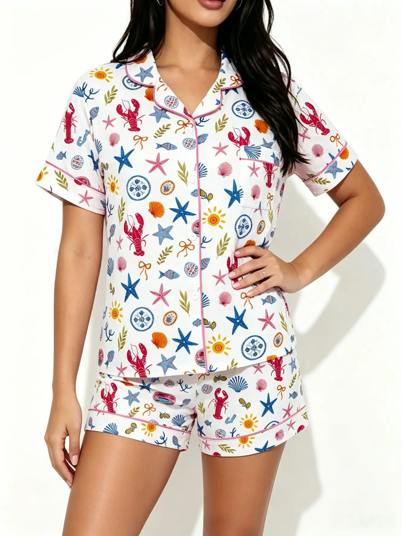 Teenage Ocean Lobster Starfish Print Pajama Set, Soft Short Sleeve Button-Up Top + Elastic Waist Shorts, Breathable Casual Sleepwear, Loungewear, Pjs