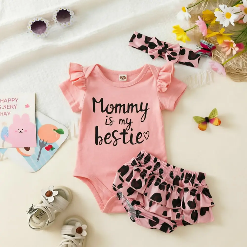 Baby Girl 3pcs Summer Set, Ruffle Short Sleeve Romper + Leopard Ruffled Shorts + Bowknot Headband Outfits,cute Y2k Style,cute Kids Outfit,casual Kid Clothes,summer Clothing Set