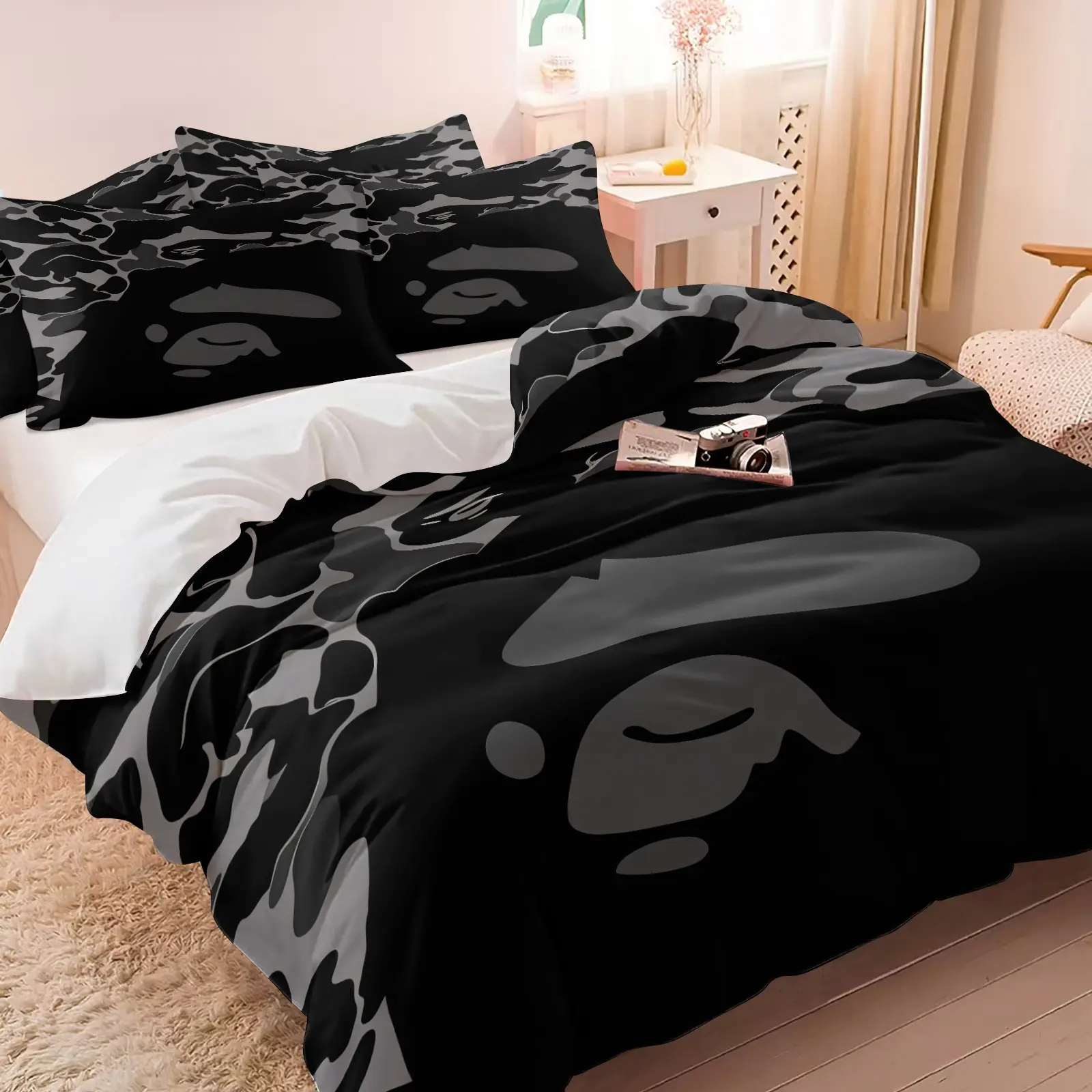 3Pcs Black Dark Gray Camo Duvet Cover Set, Includes 1 Cover + 2 Pillowcases, Soft Breathable Fabric, Minimalist Dark Street Camo Themed Bedding, All Season Home Decor, Great Present for Teens Young Adults Bedroom & Dorm, Duvet Covers Sets