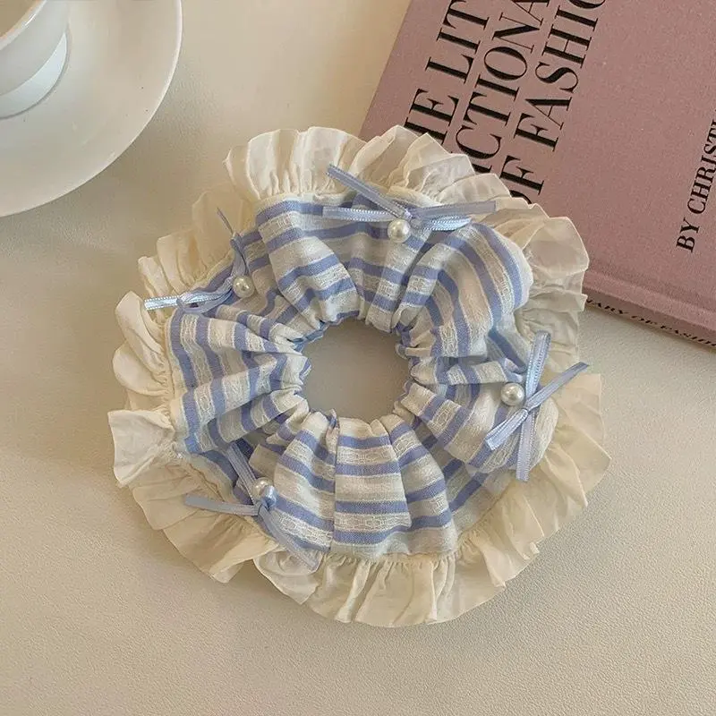 Girl's New Scrunchies Sweet Style Blue Striped Ruffled Bow Pearl Large Intestine Hair Tie Korean Style Kawaii Hair Bun Hair Band