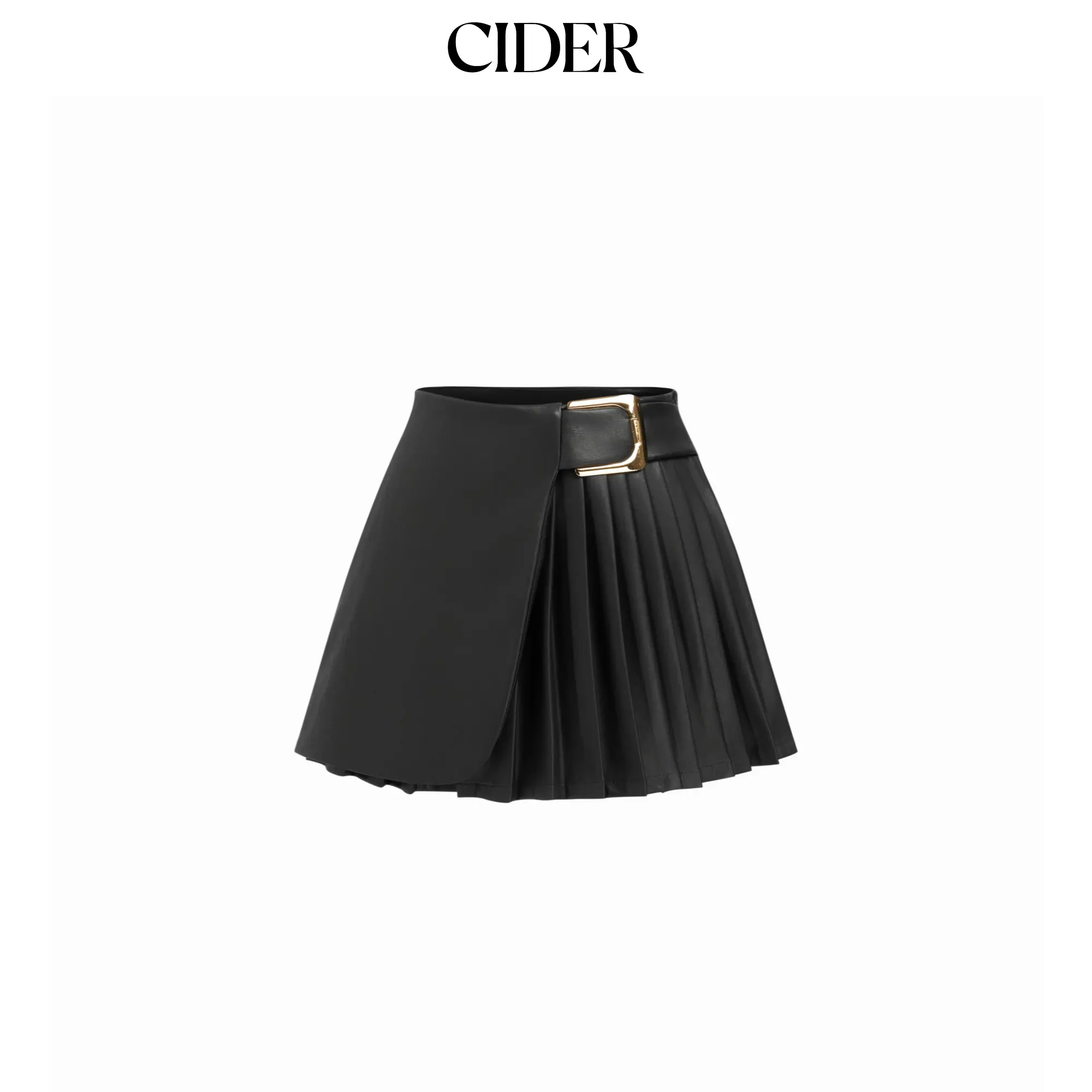 Cider Faux Leather Mid Rise Pleated Buckle Mini Skirt