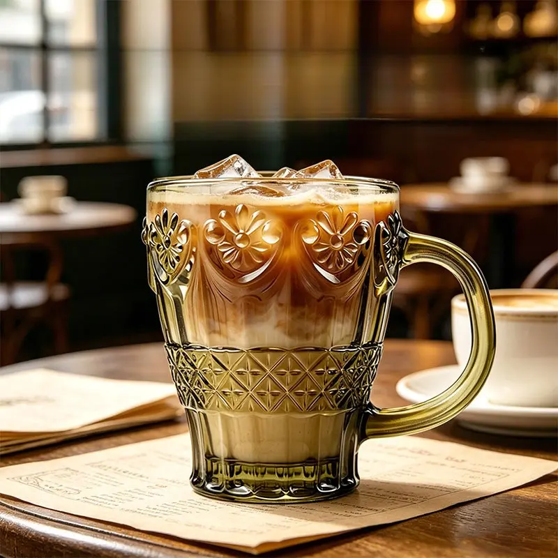 Vintage Embossed Sunflower Amber Glass Mug with Handle, Multipurpose Drinking Cup for Coffee, Milk, Tea, Household Daily Drinkware