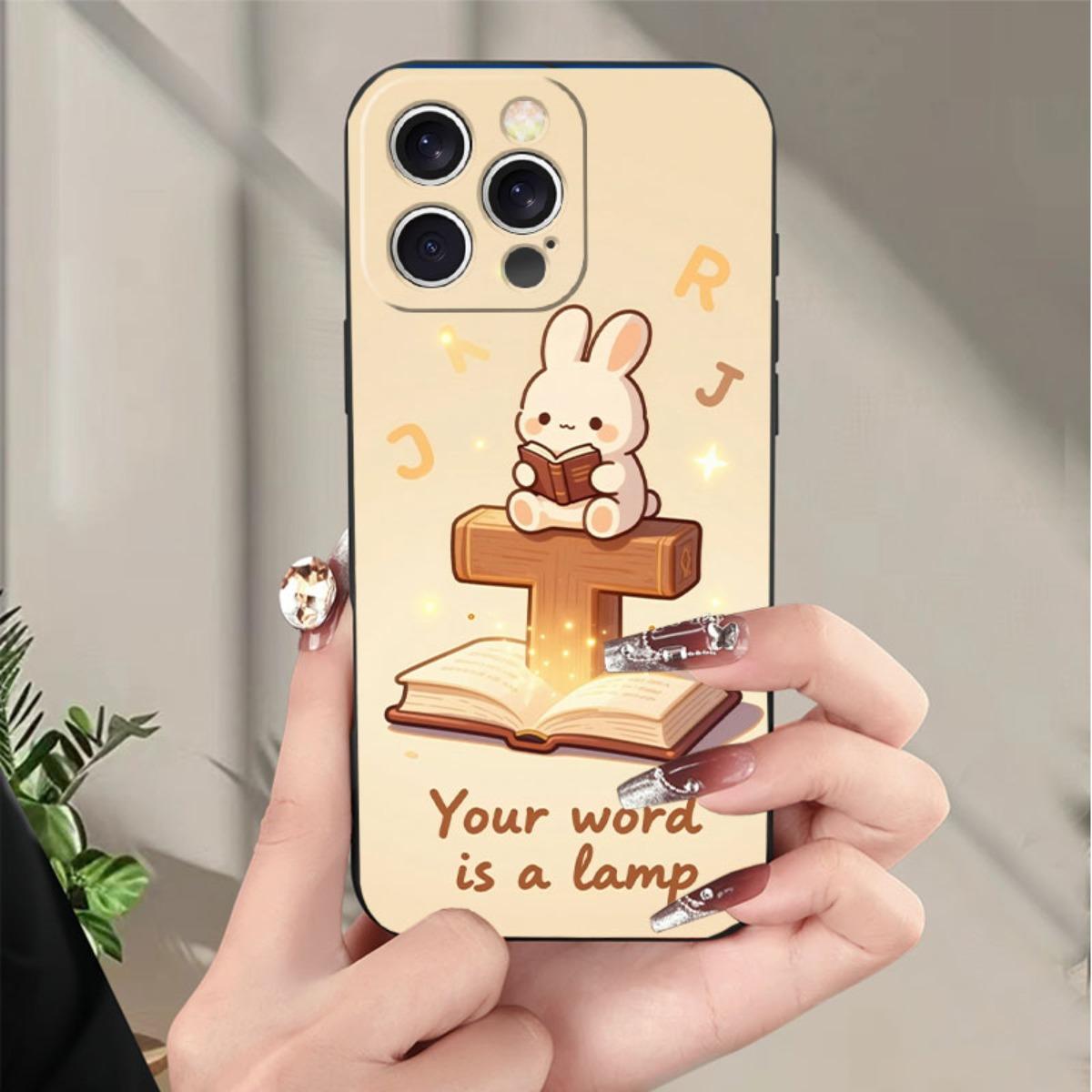 Phone Case: Cute Rabbit Reading The Bible With Cross Design, Featuring A Luminous Effect And Floating Letters, A Faith-Inspired Christian Phone Case Design, Suitable For IPhone 17/17pro/16/X/XS/XR/11/12/13/14/15/16Plus/17ProMax, Printed Liquid-Like Phone