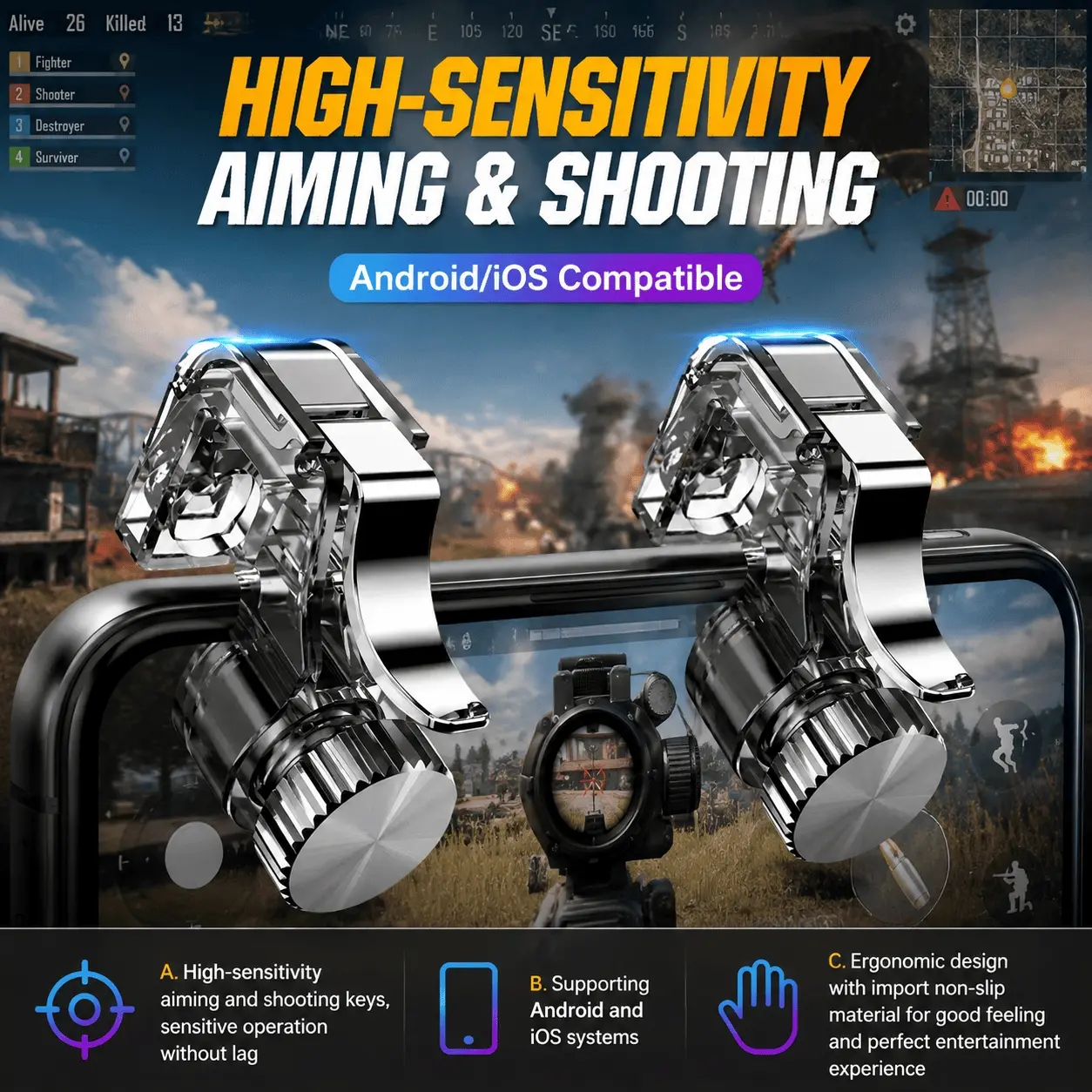 High-Sensitivity L1 R1 Trigger Buttons for Mobile Gaming: Enhanced Aiming & Shooting, Joystick Grip for FPS/Battle Royale Games, Competitive Esports Accessory to Boost Reaction & Accuracy, Level Up Your Gameplay.