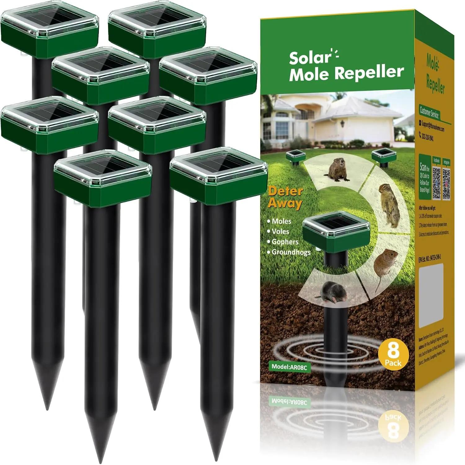12 Pack Mole Repellent for Lawns Solar Powered, Ultrasonic Mole Stakes for Yard, IP65 Waterproof Gopher Repellent to Get Rid of Gopher, Vole and Snake for Lawn Garden Yard Farm