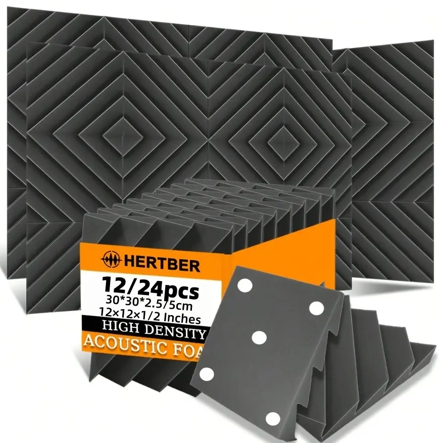 HERTBER 12/24Pcs Black Wedge Acoustic Foam Panels 30×30×2.5/5cm Bevel Sound Insulation Wall Stickers with Double Sided Adhesive, DIY Cuttable Sound Absorbing Foam for Studio Bedroom Study