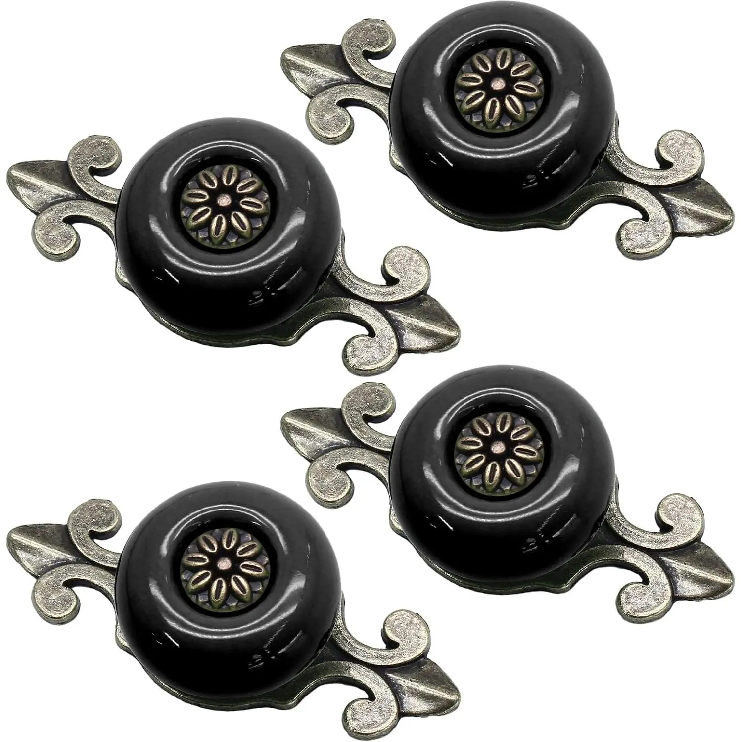 4 count Ceramic Knobs Black with Antique Bronze  Plate |  Cabinet Knobs, Decorative Drawer Pull Handles, For Closet & Cupboard