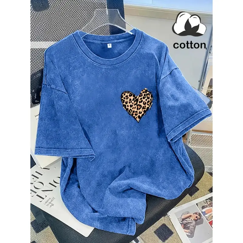 Unisex Vintage Graphic T-Shirt, Soft Cotton Oversize Streetwear Top with Leopard Print Heart, Short Sleeve Crew Neck, Leopard Heart, Loose Cut, Silky Texture