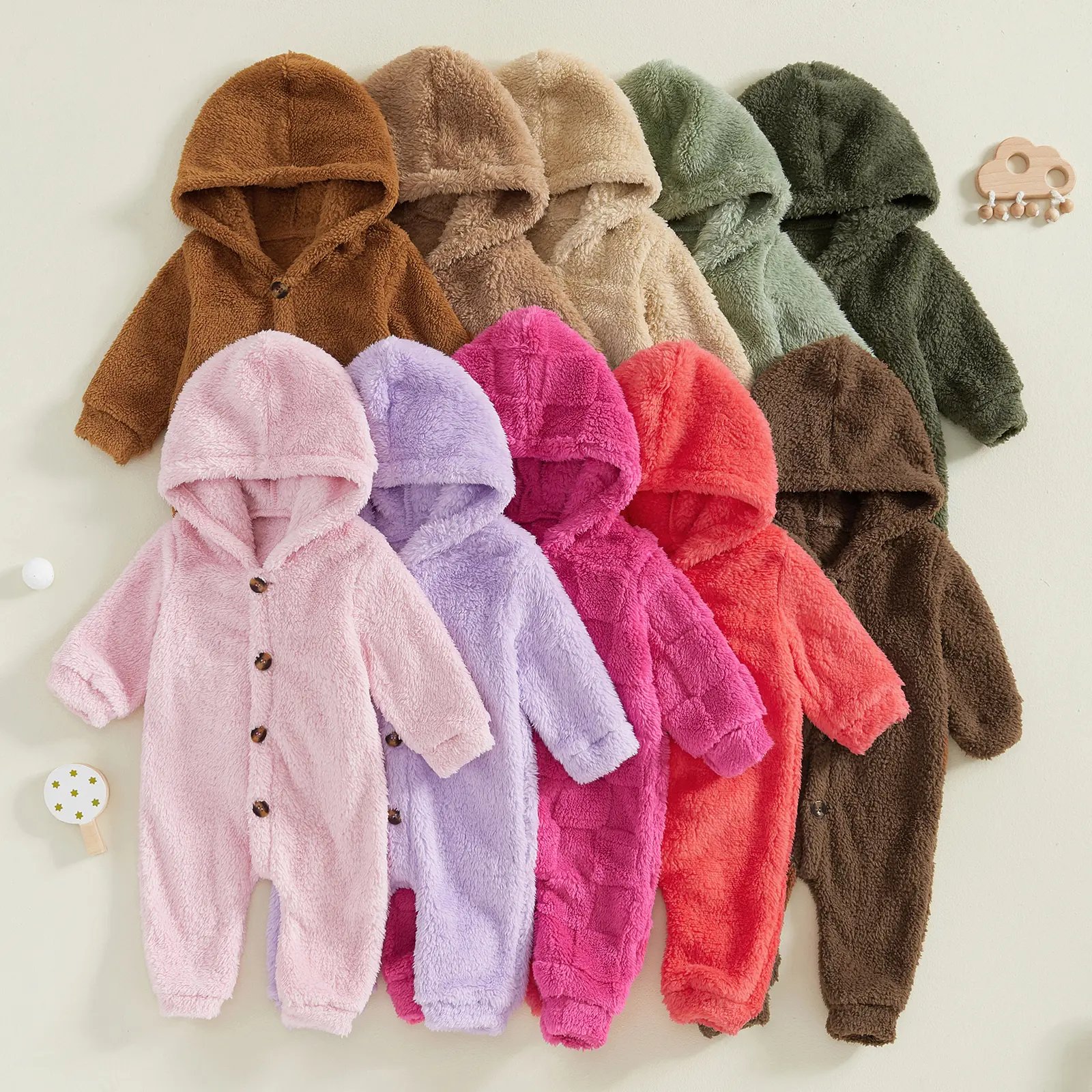 Newborn Winter Romper Fleece Hooded Jumpsuit Snowsuit Warm Outfits Button Outwear for Infant