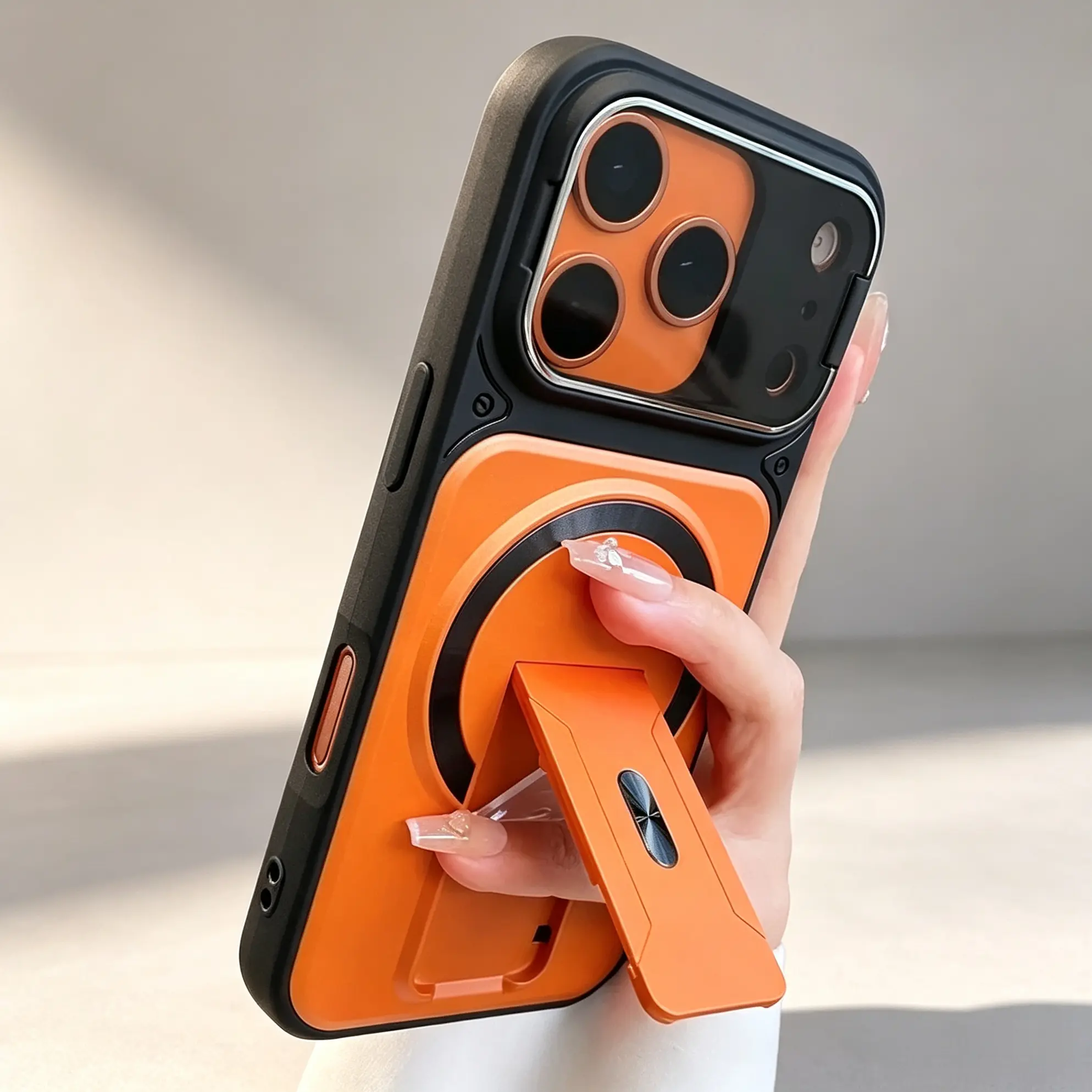 Magnetic Flip-Cover Lens Protection Phone Case with Invisible Folding Stand for iPhone 17/16/15/14/13 Pro Max, TPU PC Shell, Fingerprint-Resistant Texture, Multi-Angle Support, Anti-Drop, Wear-Resistant, Mobile Phone Accessories, Fits iOS, iPhone Series