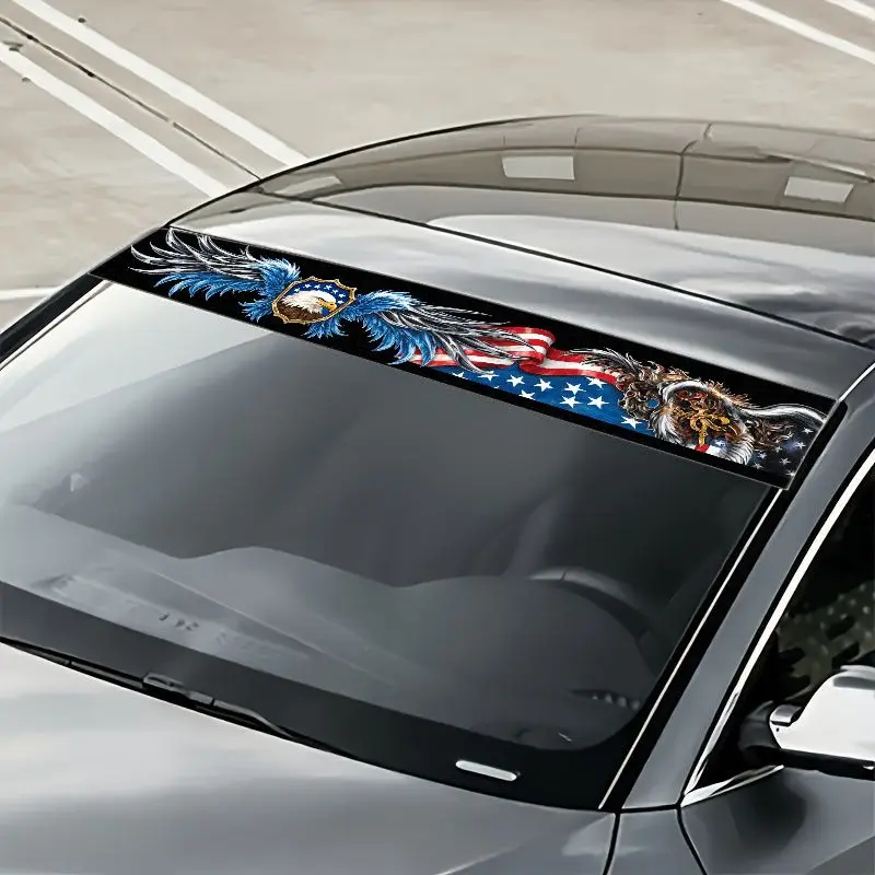 A Single Patriotic Eagle Wings Sticker for The Front Windshield of Your Car, Showcasing Bright Blue And White Feathered Wings Alongside a Eagle Head Within a Decorative Shield, Enhanced by a Red, White
