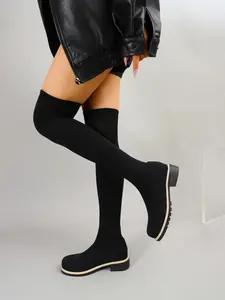 New Fall Winter Elastic Knit Over-The-Knee Boots, Thick Sole Round Toe Ankle Booties, Fashionable Textile Upper, Rubber Sole