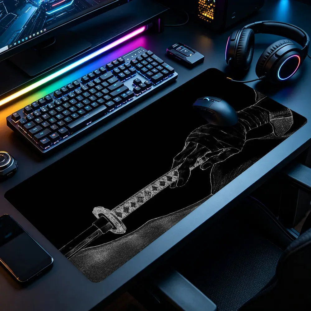 Black White Samurai Katana Sketch Large Gaming Mouse Pad Japanese Warrior Sword Line Art Pattern Design Stitched Edge Non-Slip Thick Rubber Smooth Desk Pad For Game Room Office Desk School Desk , Perfect For Gaming Enthusiasts & Office Workers