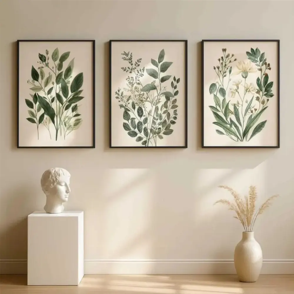 3-piece Grey-Green Botanical Floral Art Prints, Japanese Minimalist Gallery Wall Decor, Tea Room & Meditation Room Decoration, Framed and Unframed Options Available