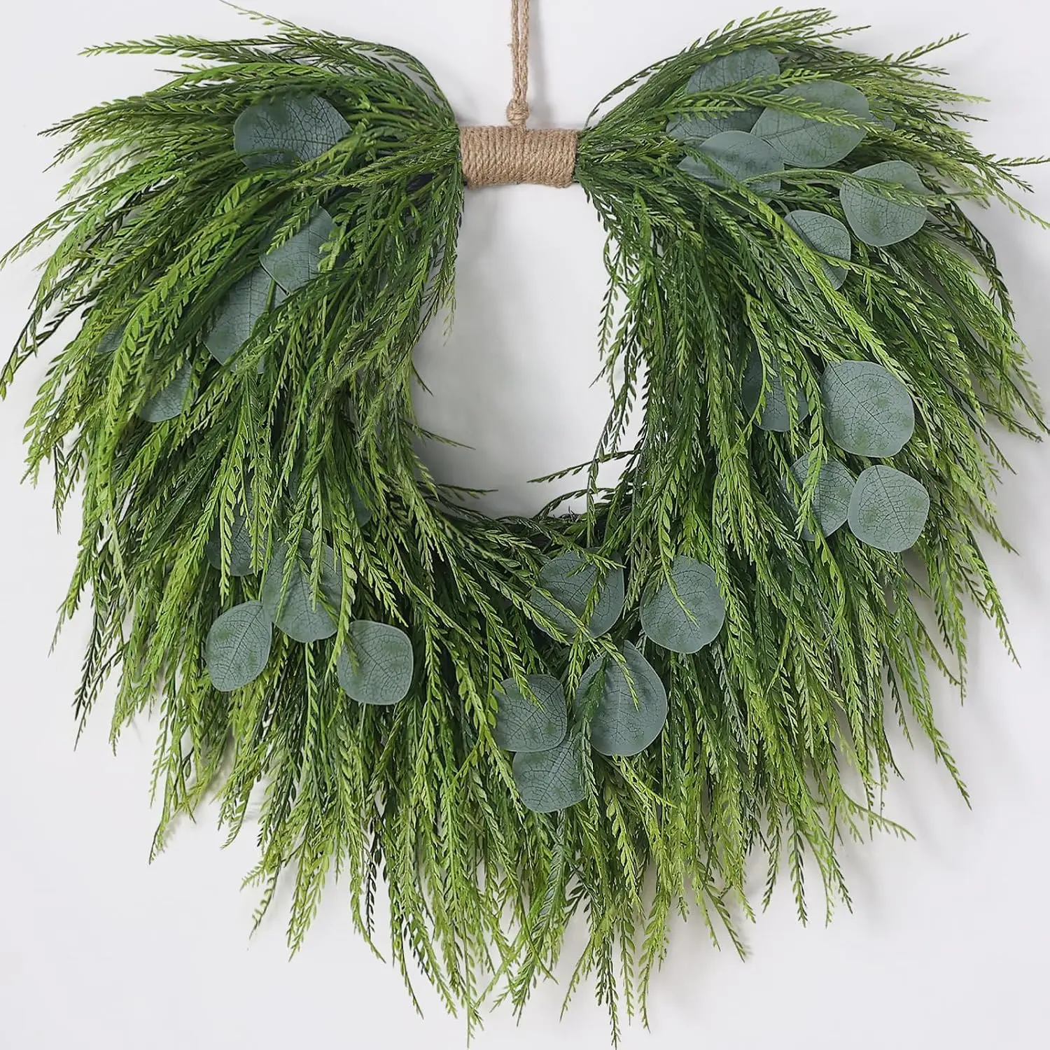 22" Artificial  Grass&Eucalyptus Wreath, for Spring Summer Decor |  Heart Shaped Design, Faux Eucalyptus Greenery  Wreath, for Front Door/Wall//Window/Outdoor Decor