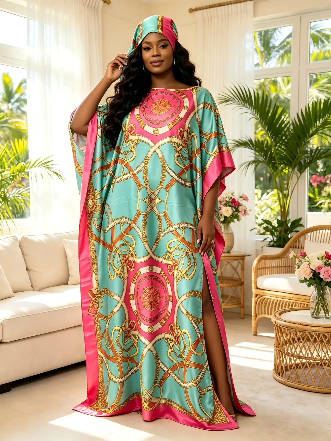 Plus Size Women's Two-Piece Satin Long Kaftan Dress Set, Mint Vintage Gold Chain Print, Loose-Fit Home Sleepwear, Beach Resort Style