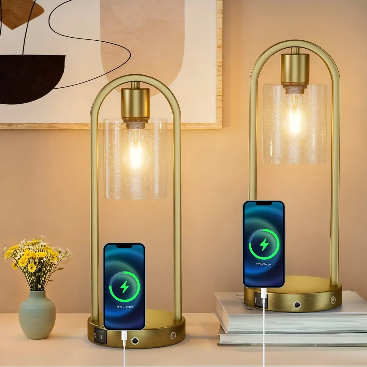16" Charging Touch Control Metal Arched Table Lamp Set of 2, Modern Industrial Table Lamp Nightstand Lamps with USB Port, Industrial Desk Lamps for Bedroom Living Room Office Seeded Glass Shade, St