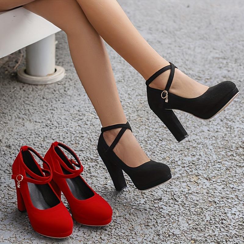 Elegant Women's High Heels - Chunky Heel, Round Toe Pumps in Black & Red|       Breathable Fabric with Sparkle Detail|       Versatile for Weddings, Work & Casual Wear