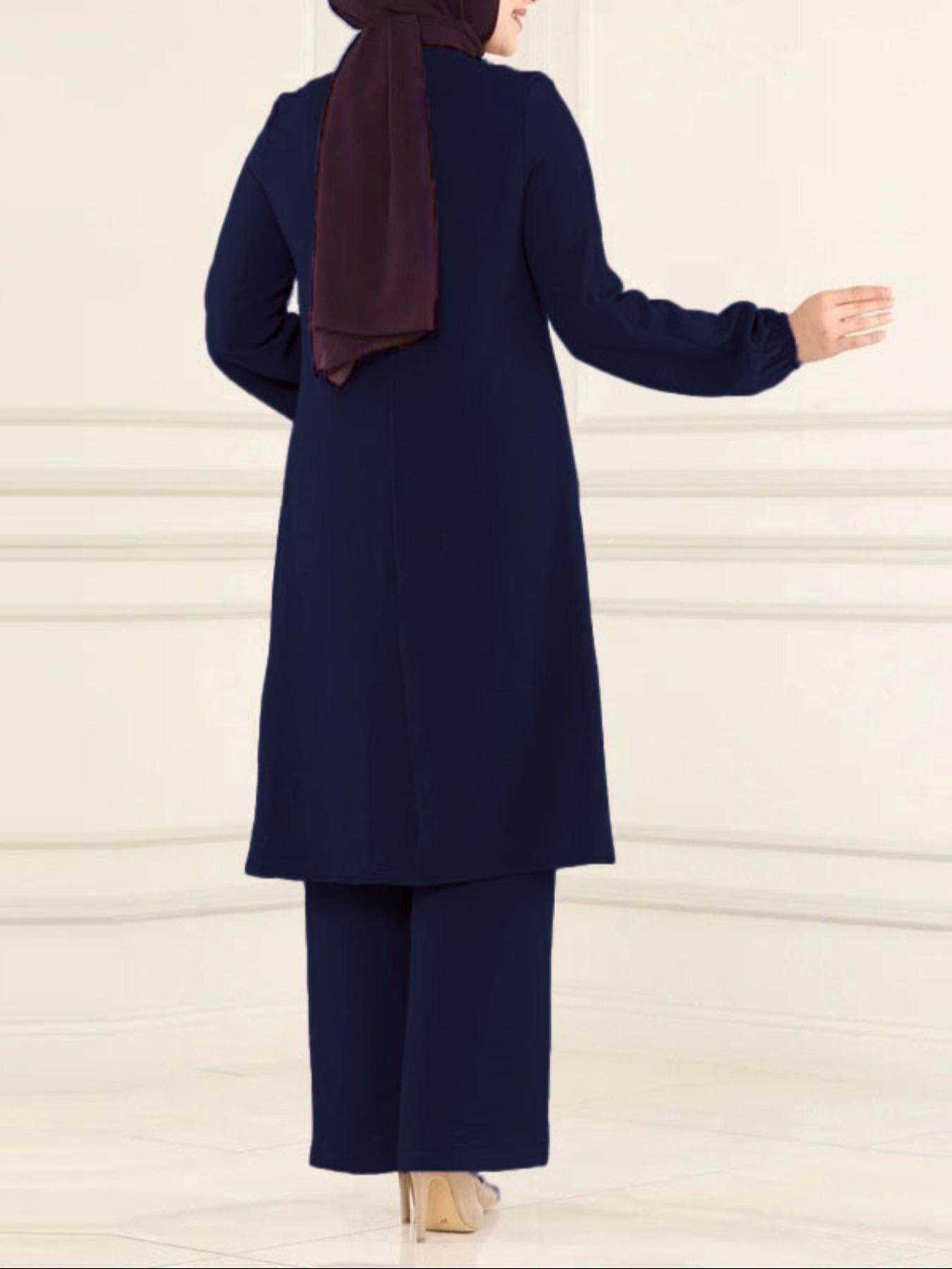 Women's Plain Contrast Sequin Bishop Sleeve Round Neck Tunic Top & Wide-Leg Pants Islamic Set, Chic Modest Casual Long-Sleeve Muslim Top & Trousers Two-Piece Set for Daily Wear, Women's Islamic Clothing for All Seasons, Outfit Set for Women