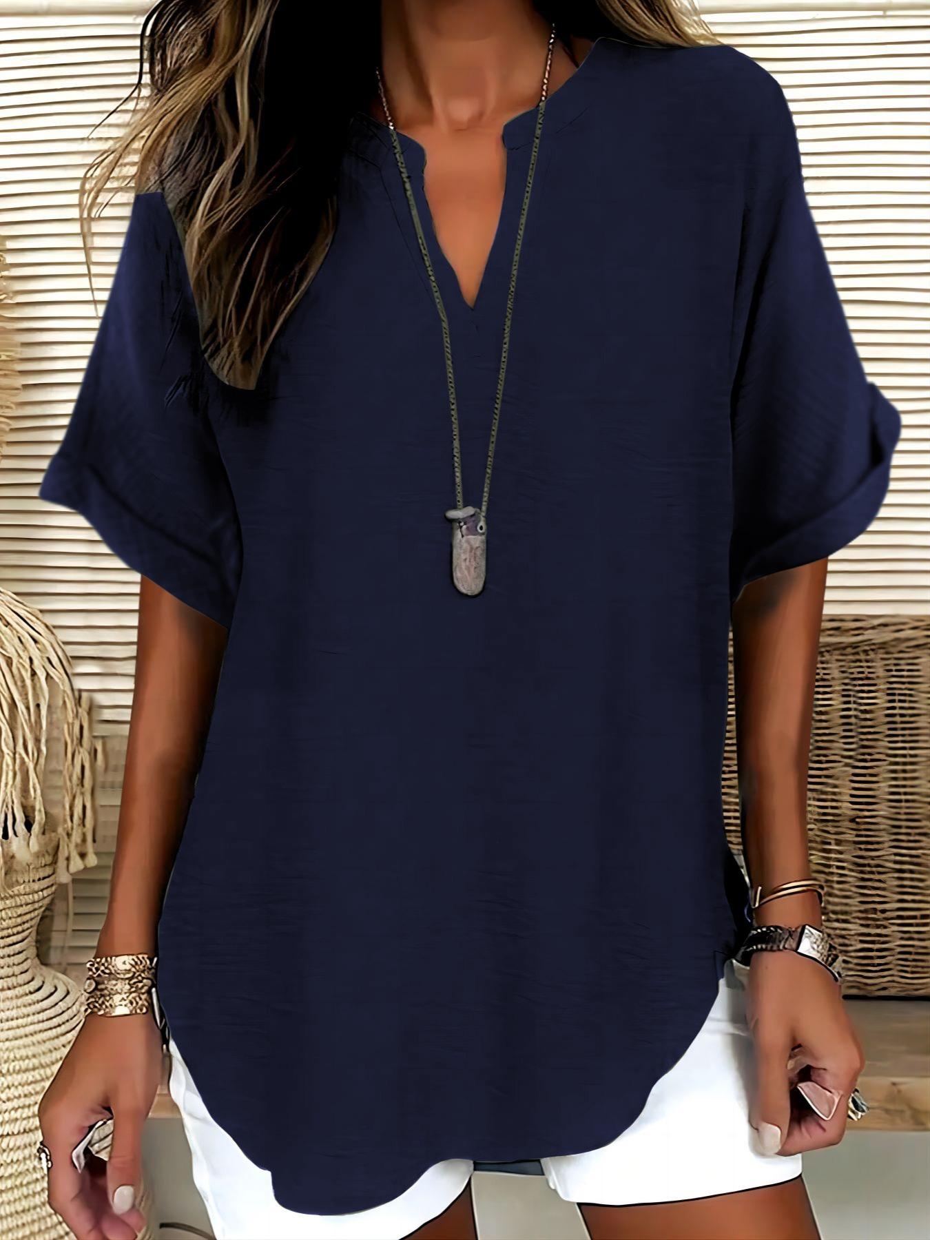 Elegant Polyester V Neck Loose Fit Short Sleeve Blouse Shirt for Women, 100% Polyester, Regular Length, 145g/m², Casual Weekend Top Womenswear Elegant Polyester V Neck Loose Fit Short Sleeve Blouse Shirt for Women, 100% Polyester, Regular Length, 145g/m², Casual Weekend Top Womenswear