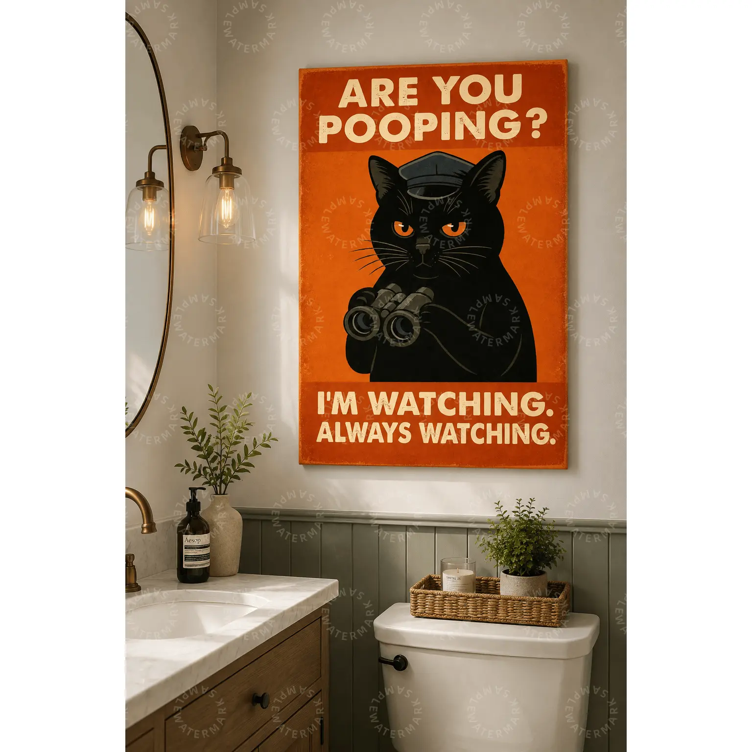 Funny Black Cat Bathroom Poster, Orange Vintage Toilet Humor Wall Decor, Cat with Binoculars Canvas Art, Aesthetic Poster for Guest Bathroom, Bedroom, Dorm, Office, Funny Cat Lover Housewarming Gift