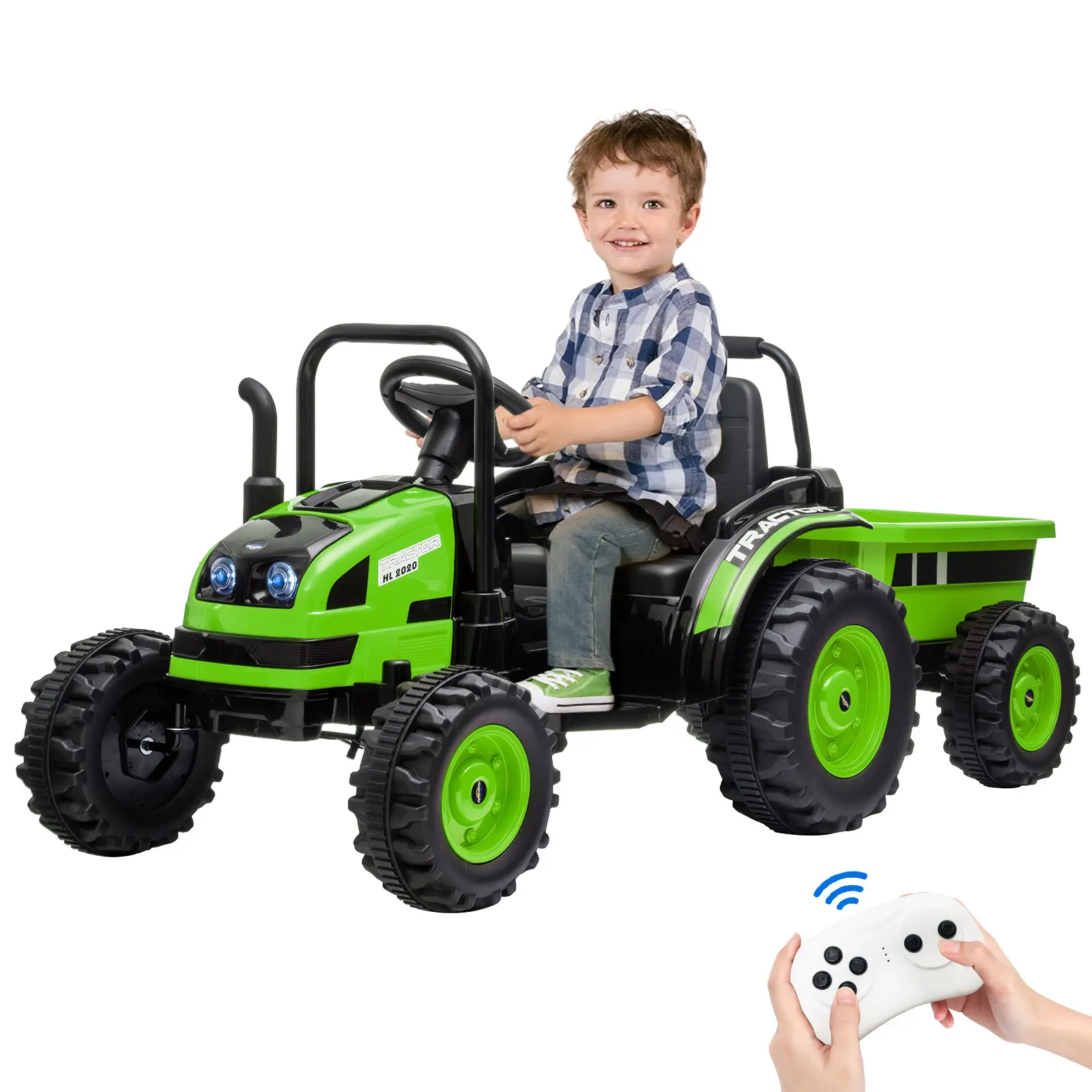 12V Ride-On Tractor for Kids – Remote Control, Trailer, LED Lights, Music, Safety Belt, Rear Suspension,Powered Electric Toy Vehicle