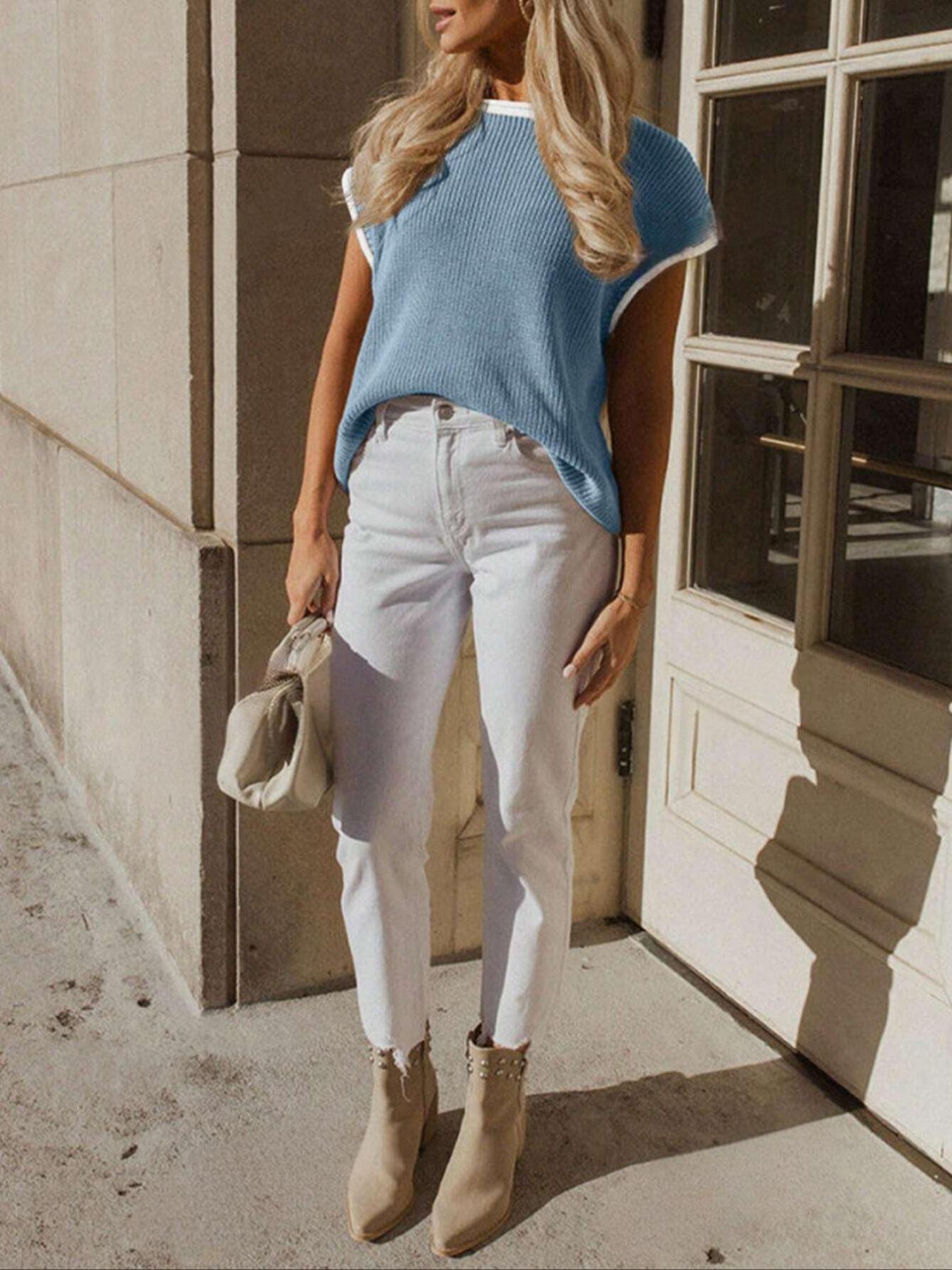 Women's Sweater Pullover, Casual Cap Sleeve Basic Crew Neck Fitted Knit Top for All Seasons, Fashion Women's Knitwear for Daily Wear