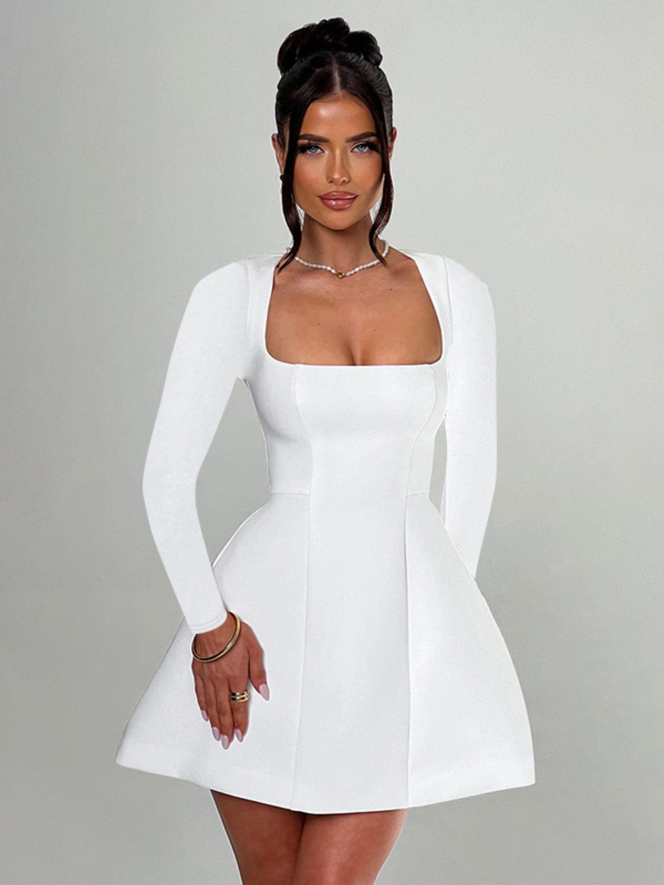 Women's Plain Square Neck A Line Dress, Casual Long Sleeve Short Dress for Fall & Winter, Women's Clothing for Daily Wear
