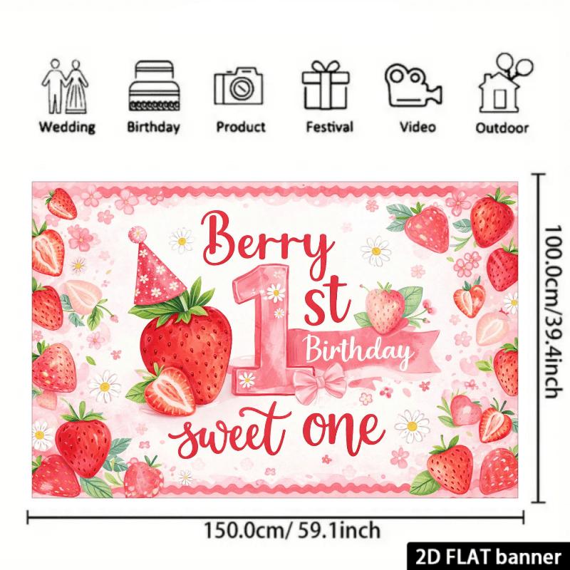 2D Flat Strawberry-Themed 1St Birthday Party Backdrop, Featuring a Pink Number "1" in The Center with Red "Berry 1St Birthday" Artistic Font, Surrounded by Whole And Sliced Strawberries, Green Leaves, White Dai