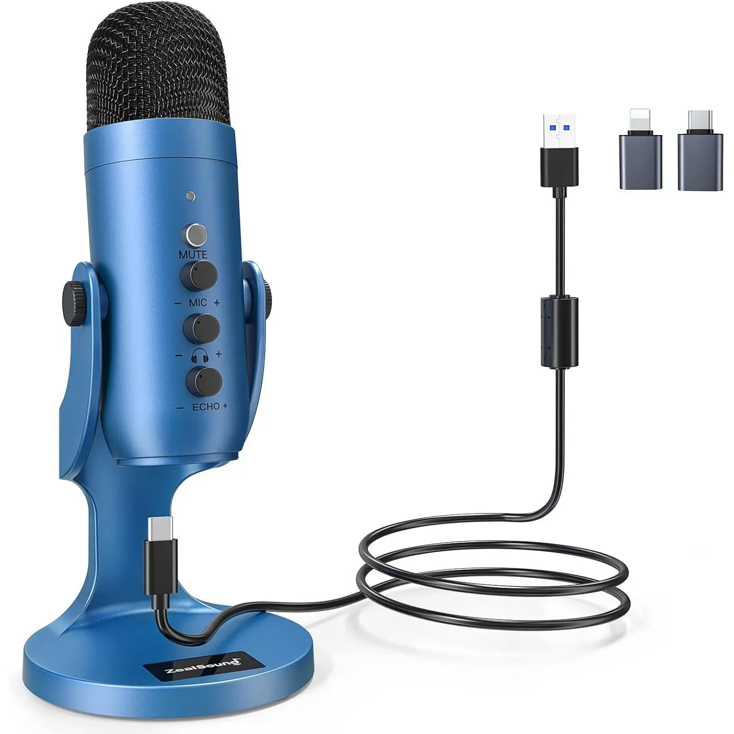 Podcast Microphone for PC, Noise Cancellation USB Mic with Gain, Volume Adjustment & Mute Button, Monitoring & Echo, for YouTube, TikTok, Podcasting, Streaming, iPhone, iPad, Android(Blue)