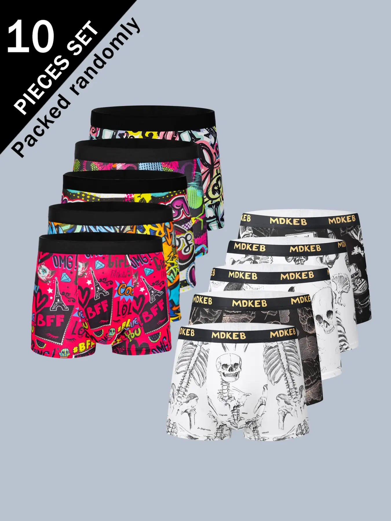 10-Pack Men's Skull Graffiti Print Boxer Briefs, Slim Fit, Fun Personality Patterns, Soft Skin-Friendly, Youth Daily Wear, All-Season Comfort