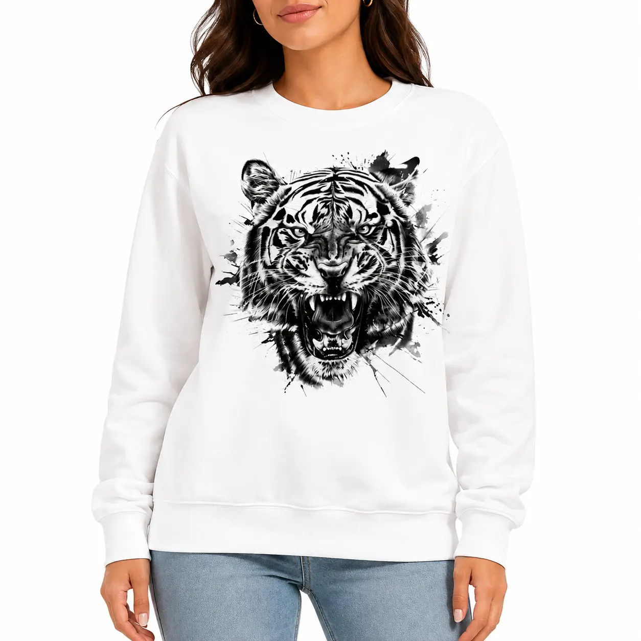 Trendy Roaring Tiger Printed Sweatshirt  Available Lightweight Breathable Daily Wear Hoodie Alternative For Teens Adults